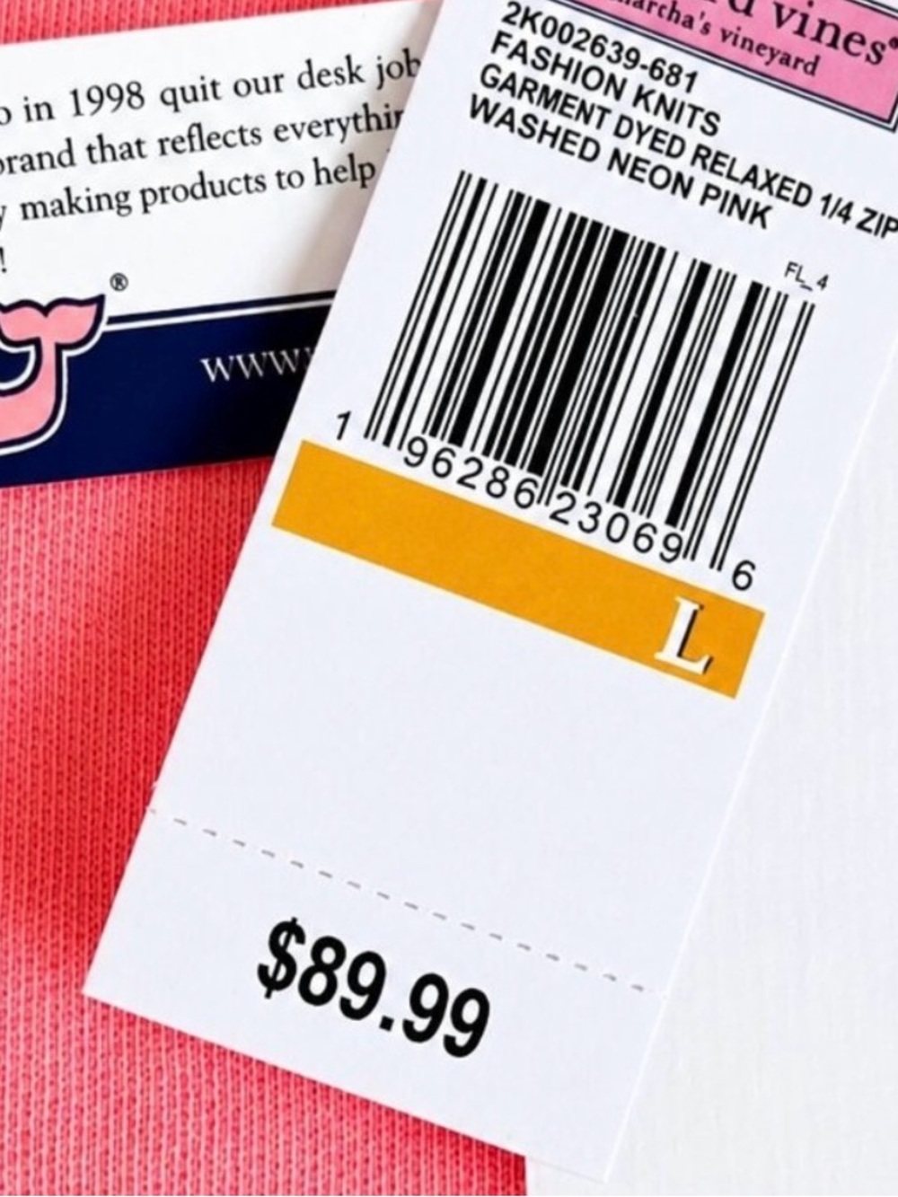 Vineyard Vines Men's “Washed Neon” Pink Quarter-Zip Pullover - Picture 5 of 5